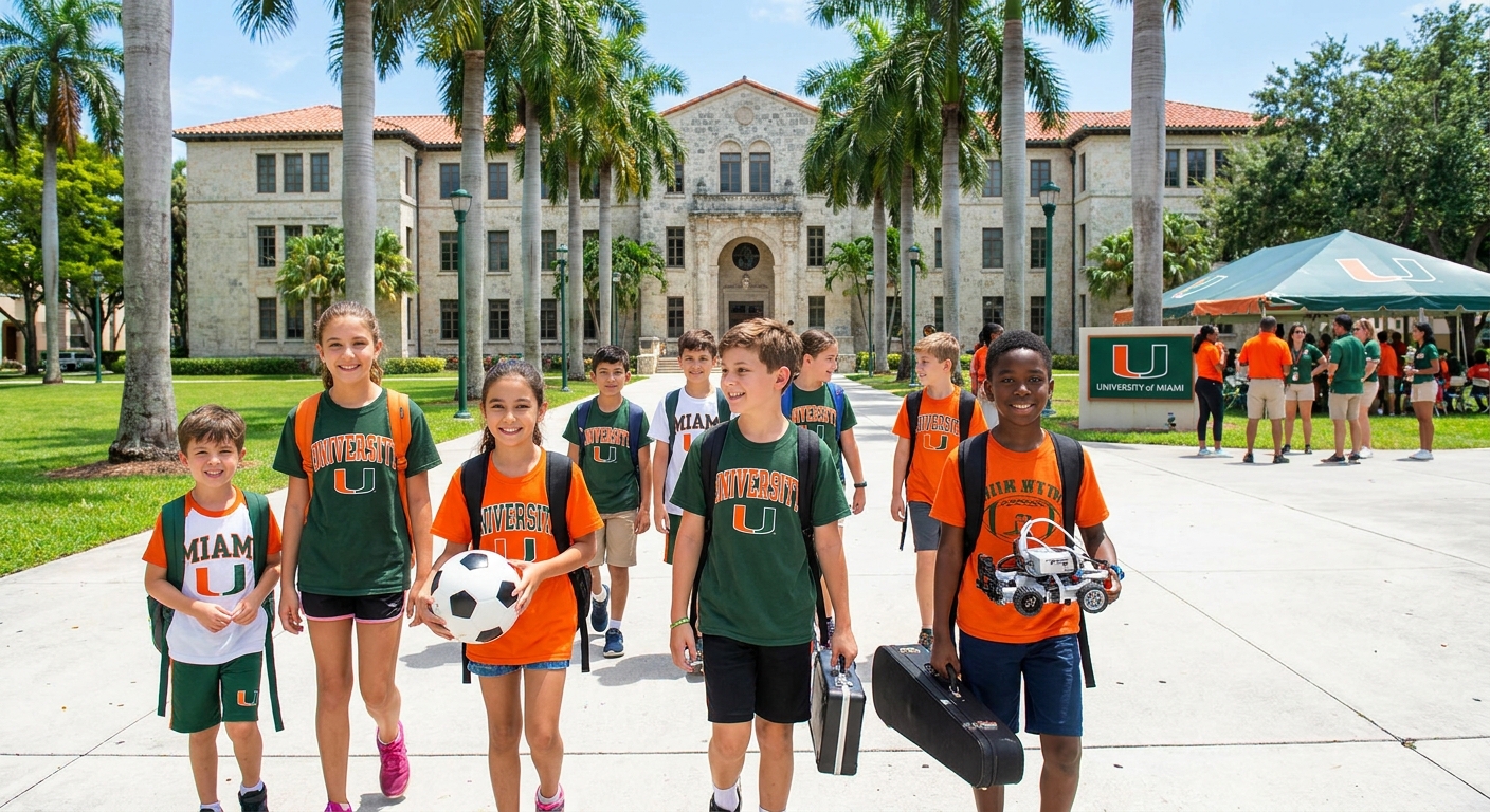 Children enjoying summer camp activities at the University of Miami campus