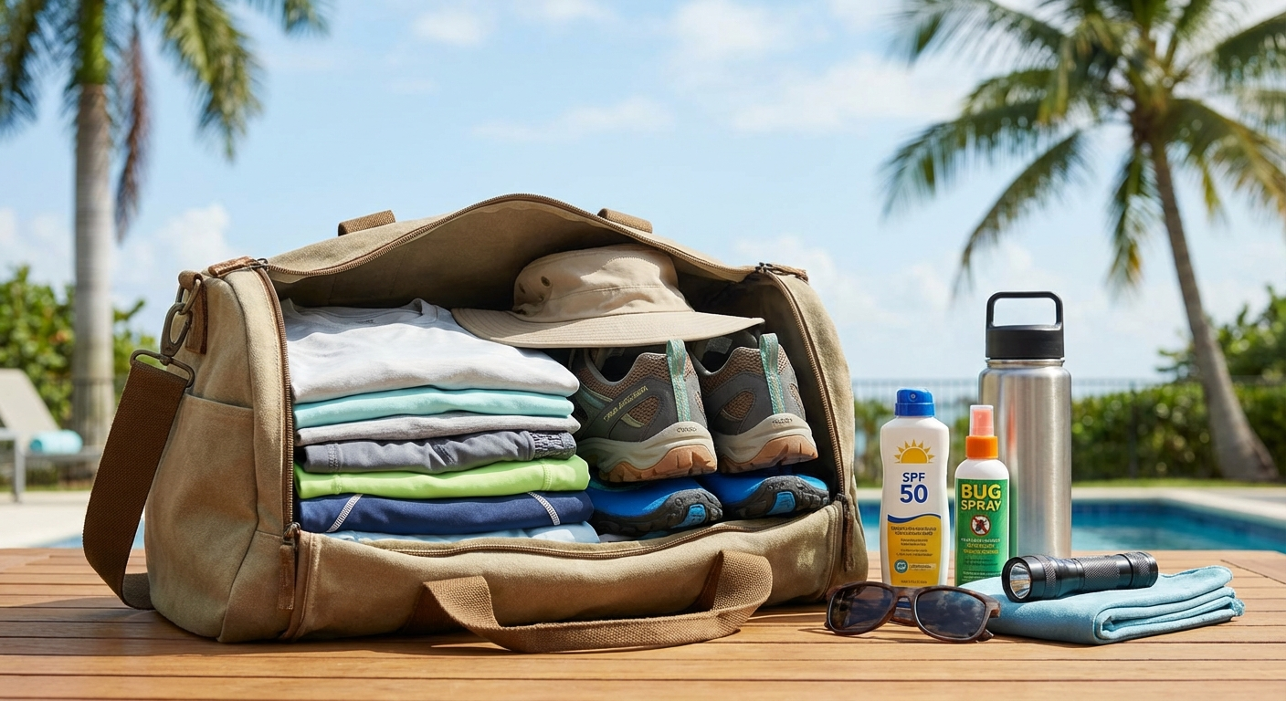 Essentials to pack for a Miami summer camp: sun protection, swimwear, water bottle, and comfortable clothing